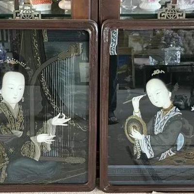 Pair of 2 Vintage Chinese Reverse Glass Paintings 17