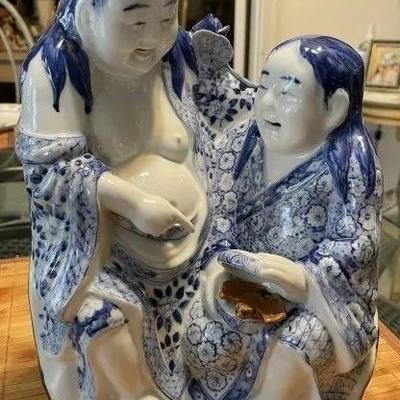 Vintage Chinese Blue & White Immortal Hehe Porcelain Figurine 10.75