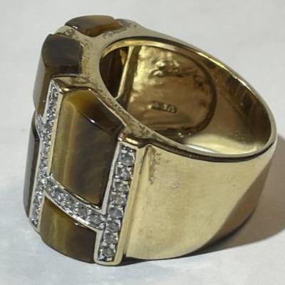 Vintage SETA Gold-tone Tiger's Eye Cigar Band Ring Size 8-3/4 in VG Preowned Condition.