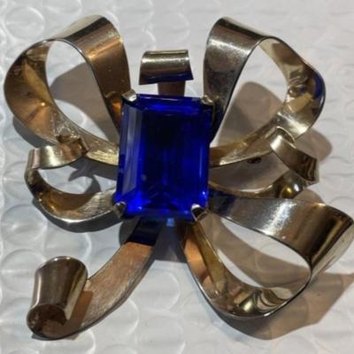 Vintage JAR Huge Gold-toned over Sterling Silver Bow Pin/Brooch w/Large Blue Stone Preowned from an Estate as Pictured.