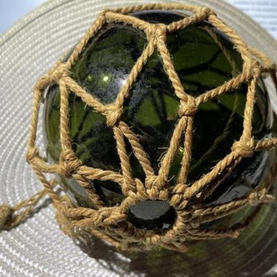 Vintage Japanese Blown Green Glass Nautical Fishing Float 5" Diameter in Net as Pictured.