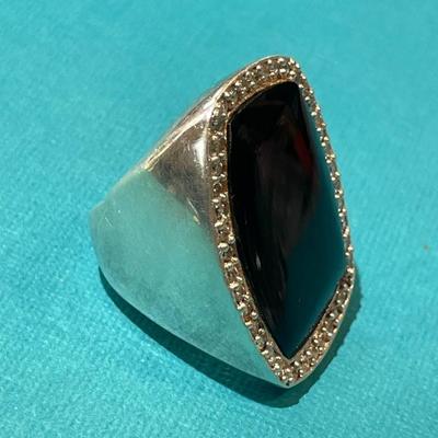 Vintage Sterling Silver Onyx Fashion CZ Ring Size-7 in Good Preowned Condition as Pictured.