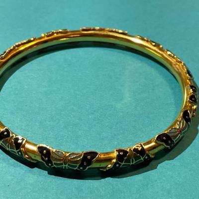 Vintage Brass Bangle Bracelet w/Enameled Applications in VG Preowned Condition as Pictured.