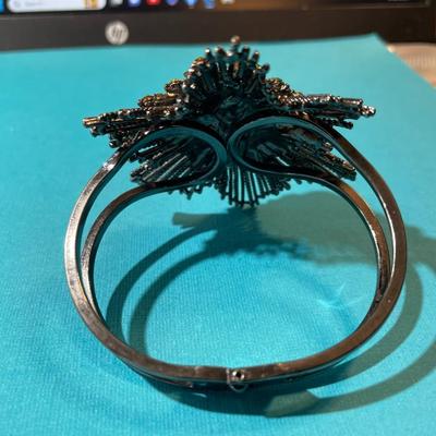 Vintage Large Hinged Adjustable Colored Stone Cuff Bracelet in VG Preowned Condition.