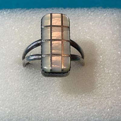 Vintage "OHM" Native American Dainty Sterling Silver Mother of Pearl Ring Size 8-1/2 in Good Preowned Condition.