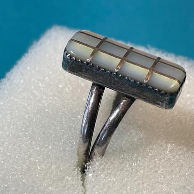 Vintage "OHM" Native American Dainty Sterling Silver Mother of Pearl Ring Size 8-1/2 in Good Preowned Condition.