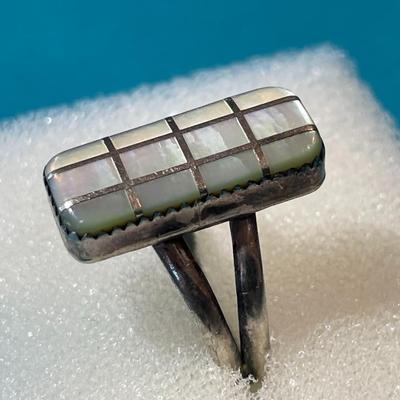 Vintage "OHM" Native American Dainty Sterling Silver Mother of Pearl Ring Size 8-1/2 in Good Preowned Condition.