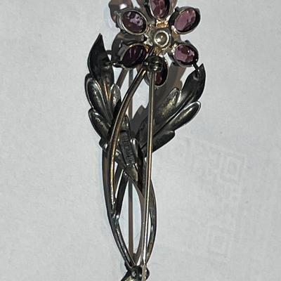 Vintage Symmetalic Sterling & 14k Amethyst Flower Brooch/Pin in VG Preowned Condition.