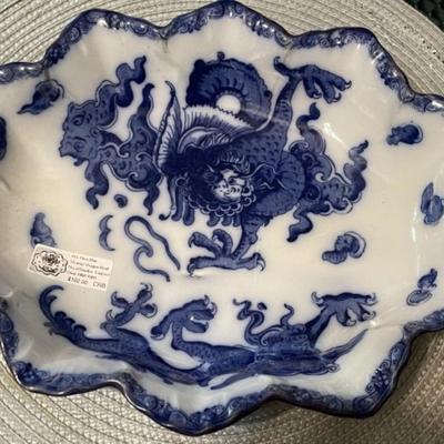 Antique "OYAMA" Flow Blue Dragon Bowl by Royal Doulton c1902-20 8.5" x 10" see Description.