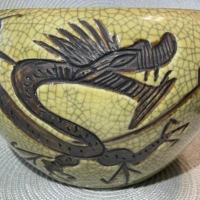 Vintage Asian Crackled Stoneware Dragon Planter/Bowl 10.5" Diameter & 6.5" Tall in VG Preowned Condition as Pictured.