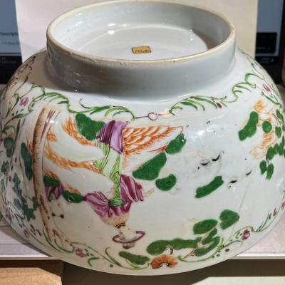 Chinese Porcelain Believed to be Ming Dynasty Hand Painted 10.25" Diameter Bowl Stapled & Glued as Pictured.