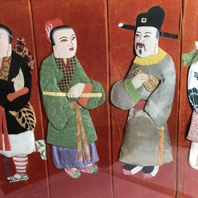Vintage Early 20th Century Chinoiserie Asian Cloth 3-D Figures, 8-Figurines in an Old-time Frame 13.50in x 26.75in. Preowned from an Estate.