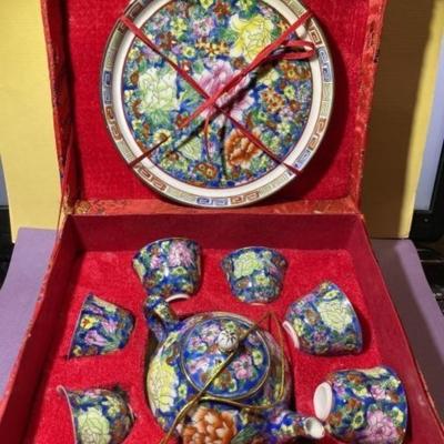 Vintage Miniature Chinese Porcelain Tea Set in a Silk Box in VG Never Used Condition.
