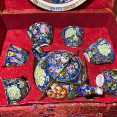 Vintage Miniature Chinese Porcelain Tea Set in a Silk Box in VG Never Used Condition.