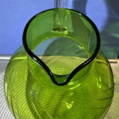 Vintage Large Mid Century Etched Green Glass Ball Pitcher in Good Preowned Condition.