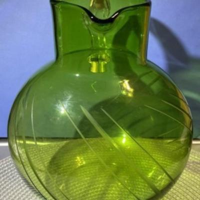 Vintage Large Mid Century Etched Green Glass Ball Pitcher in Good Preowned Condition.