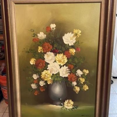 Mid-Century Flower Still Oil on Canvas Signed by "Mueller" Frame Size 32" x 44" Preowned from an Estate. Frame is a...