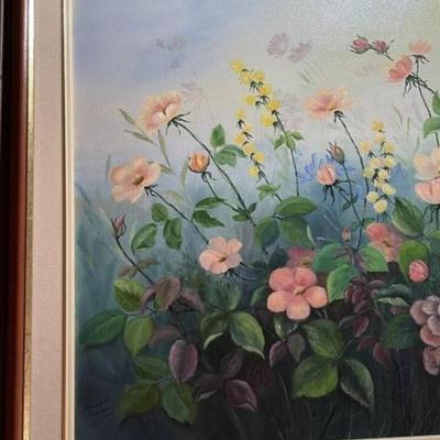 Vintage Oil/Acrylic on Canvas "Summer Blooms" by Marian Ludden in a Custom Wooden Frame 26" x 30"...Preowned from an...