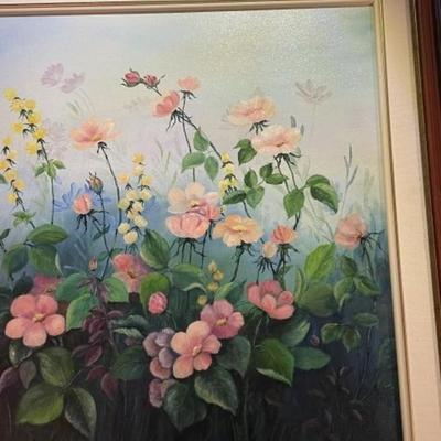 Vintage Oil/Acrylic on Canvas "Summer Blooms" by Marian Ludden in a Custom Wooden Frame 26" x 30"...Preowned from an...