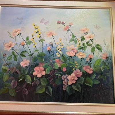Vintage Oil/Acrylic on Canvas "Summer Blooms" by Marian Ludden in a Custom Wooden Frame 26" x 30"...Preowned from an...