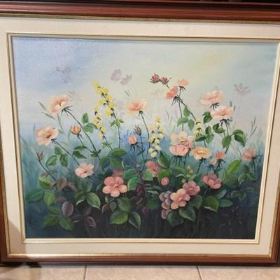 Vintage Oil/Acrylic on Canvas "Summer Blooms" by Marian Ludden in a Custom Wooden Frame 26" x 30"...Preowned from an...