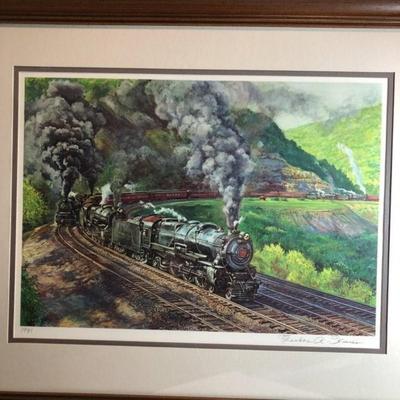 Theodore Xaras 1981 Signed Matted & Framed Pennsylvania Railroad Lithograph Frame Size 21in x 26in Good Preowned Condition.