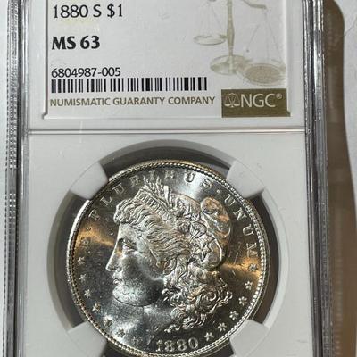 NGC CERTIFIED 1880-S "LARGE-S" NICE ORIGINAL MS63 GRADED MORGAN SILVER DOLLAR AS PICTURED.