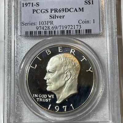 PCGS CERTIFIED 1971-S PROOF69 DEEP CAMEO SILVER EISENHOWER DOLLAR AS PICTURED.