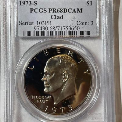 PCGS CERTIFIED 1973-S PROOF68 DEEP CAMEO CLAD EISENHOWER DOLLAR AS PICTURED.