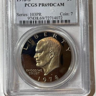 PCGS CERTIFIED 1978-S PROOF69 DEEP CAMEO CLAD EISENHOWER DOLLAR AS PICTURED.