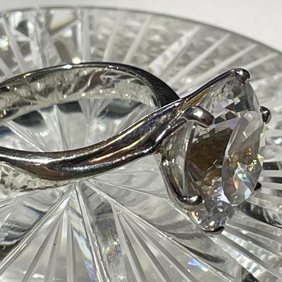 Vintage Huge CZ .925 Sterling Silver Engagement Style Ring Size-9 in Very Good Preowned Condition.