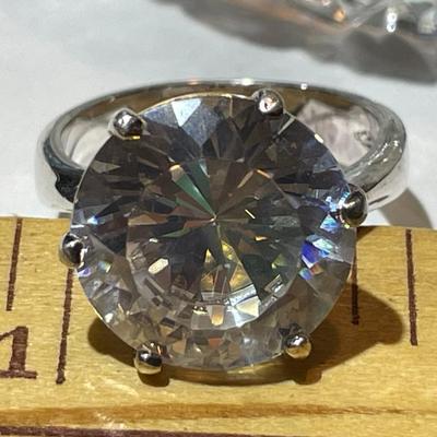 Vintage Huge CZ .925 Sterling Silver Engagement Style Ring Size-9 in Very Good Preowned Condition.
