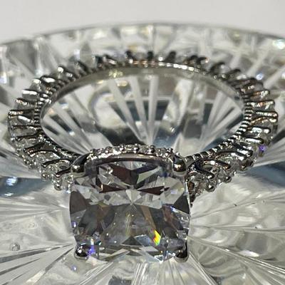 Vintage Estate Unique .925 Sterling Silver Size 9 Engagement Ring w/CZ's Mounted all Around in Never Worn Preowned Condition.