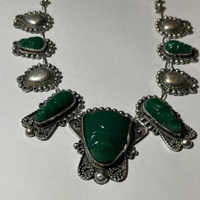 Vintage Mexican/Mayan Sterling Silver .925 Green Onyx Carved Face Necklace 16