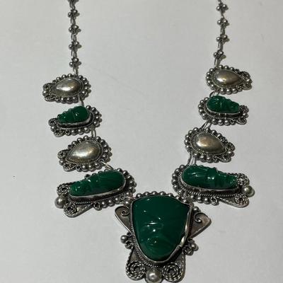 Vintage Mexican/Mayan Sterling Silver .925 Green Onyx Carved Face Necklace 16