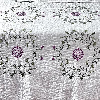 Queen Sized White Coverlet and 2 Shams with Pink Floral and Green Vine Pattern