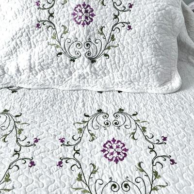 Queen Sized White Coverlet and 2 Shams with Pink Floral and Green Vine Pattern