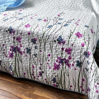 Queen Bedspread - White Background with Flowers and Stems and Reversible Powder Blue Back