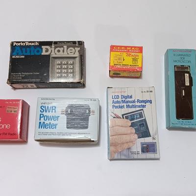 Assortment of new in the box vintage small electronics - Microphone - Multimeter - D.C. Motor - and more