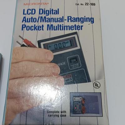 Assortment of new in the box vintage small electronics - Microphone - Multimeter - D.C. Motor - and more