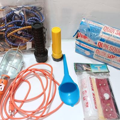 Automotive needs - Electric work light - bungee cords - funnel - Windshield cleaning tool and more