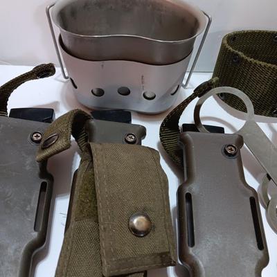 Large assortment of hooks and clips for military issued belts and tactical vests - knife sheaths - belt - canteen pieces.