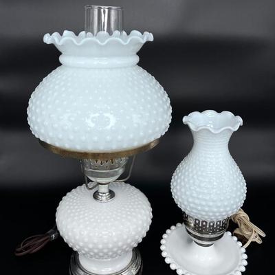 Set of 2 Vintage Hobnail Milk Glass Table Lamps