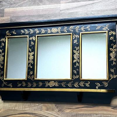 Beautiful Black Wall Mirror with Gold Floral Accent Detail