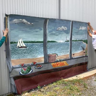 106 Large Hand Painted Nautical Mural Scene on Vinyl 142" x 86"