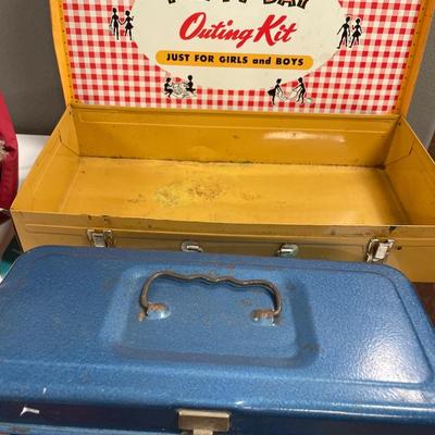 Vintage 2 metal small boxes and 1 play diaper bag