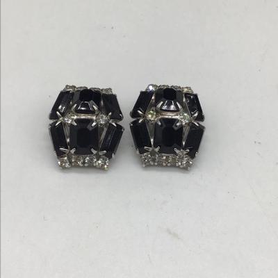 Vintage black stone and clear rhinestone clip on earrings