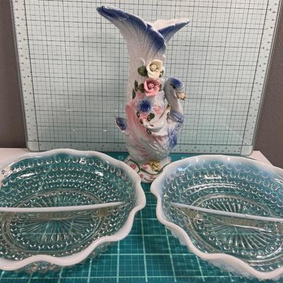 Moonstone opalescent divided dishes & swan vase