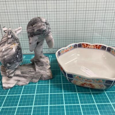 Marble dolphins and Asian design bowl