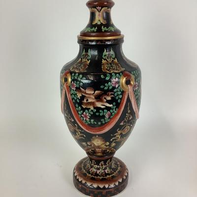 113 Decorative Lidded Pottery Urn with Cherub Motif